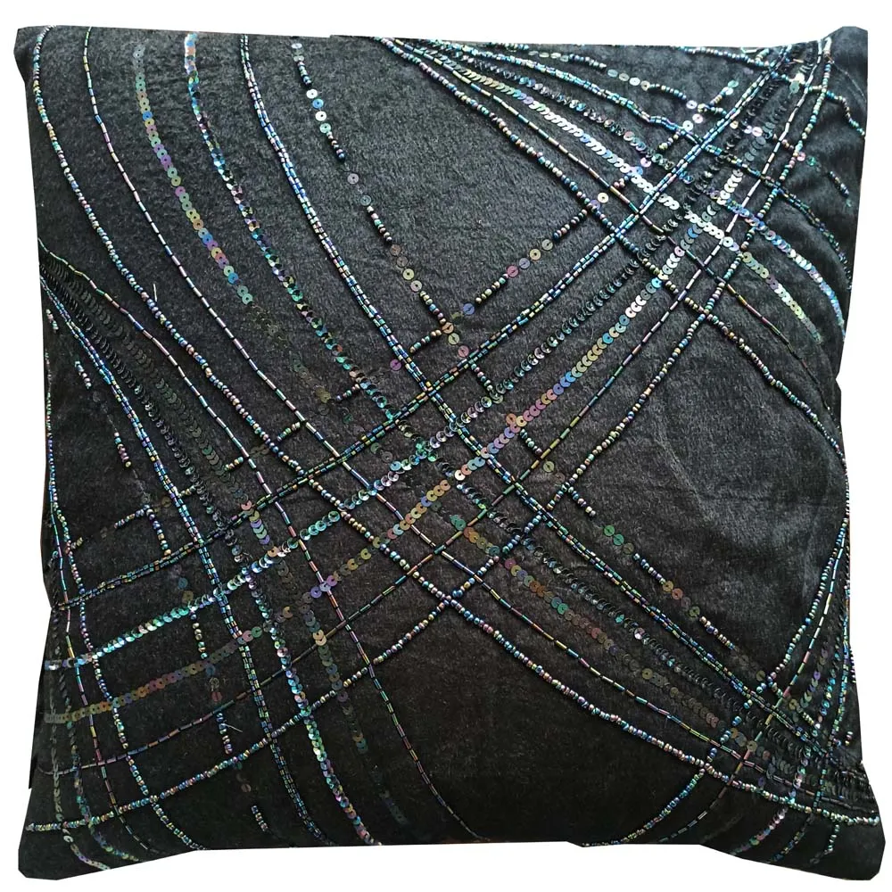 Black Minimal Embroidery Poly Dupion Cushion Cover