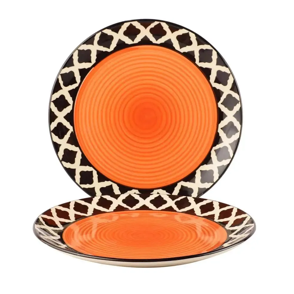 Black & Orange Designer Handpainted Ceramic Dinner Plates Set Of 2