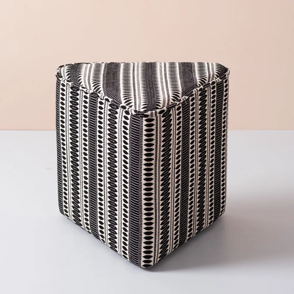 Black Patterned Triangular Cotton Pouffe Stool