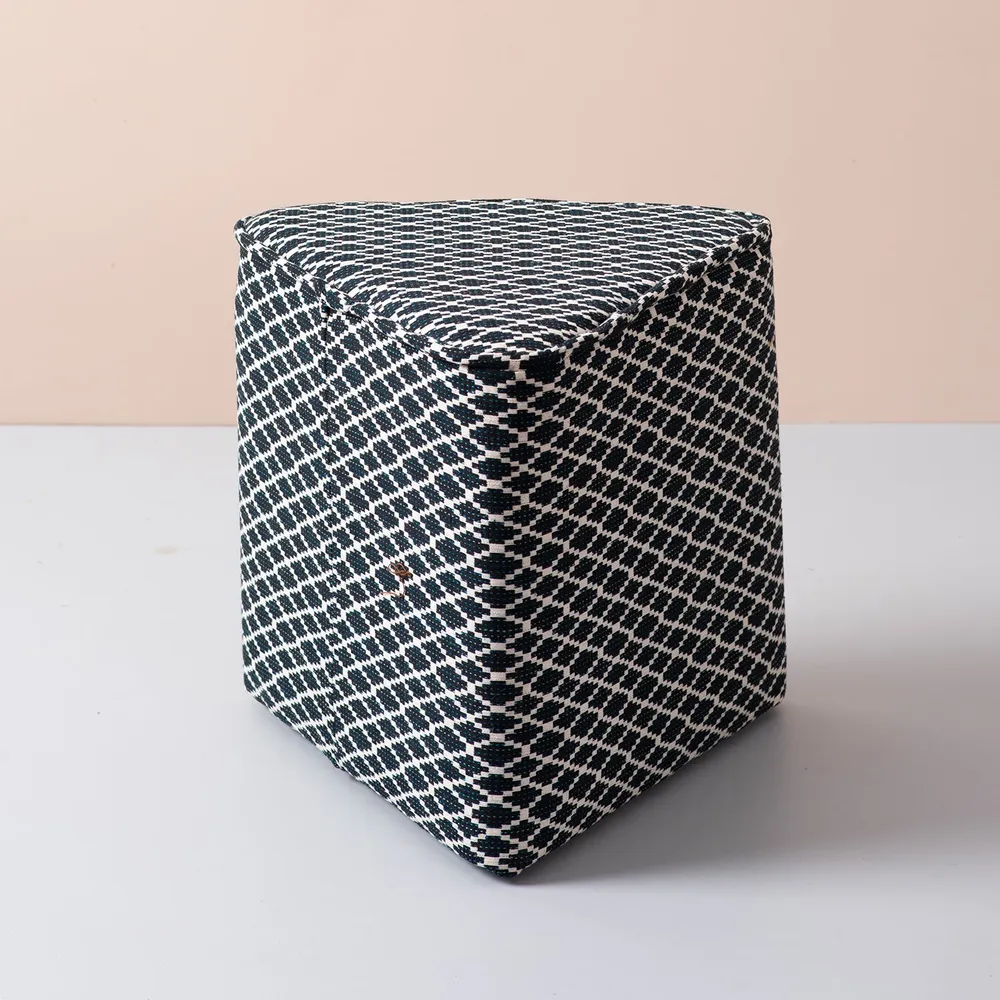 Black Patterned Triangular  Cotton Pouffe Stool