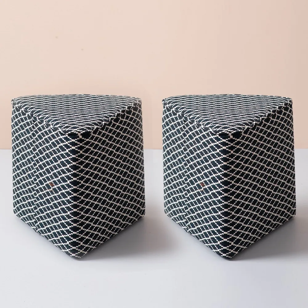 Black Patterned Triangular  Cotton Pouffe Stool Set Of 2