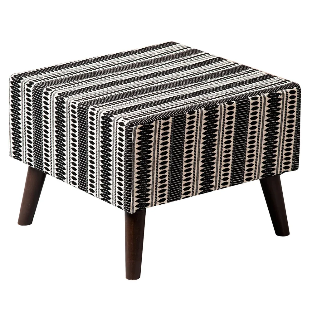 Black Patterned Woven Jacquard Cotton Upholstered Ottoman Wood Stool
