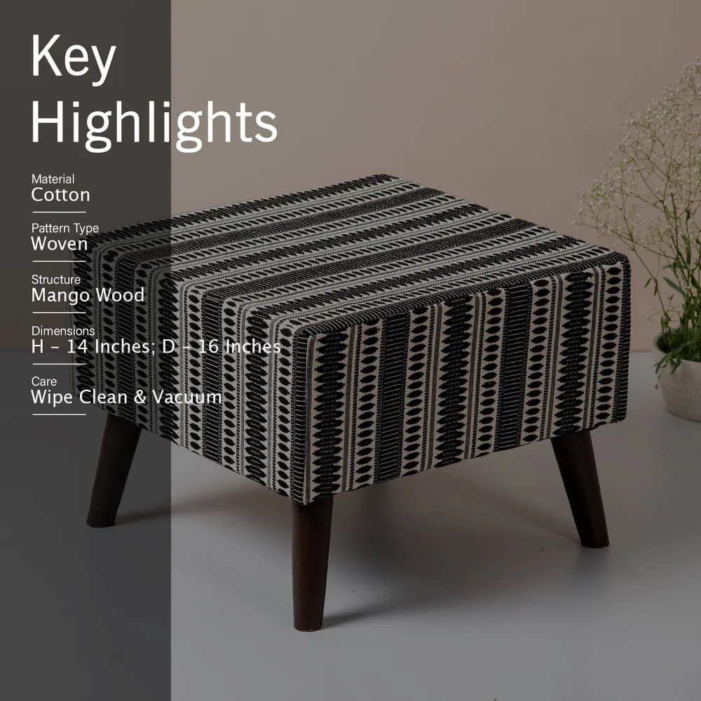 Black Patterned Woven Jacquard Cotton Upholstered Ottoman Wood Stool