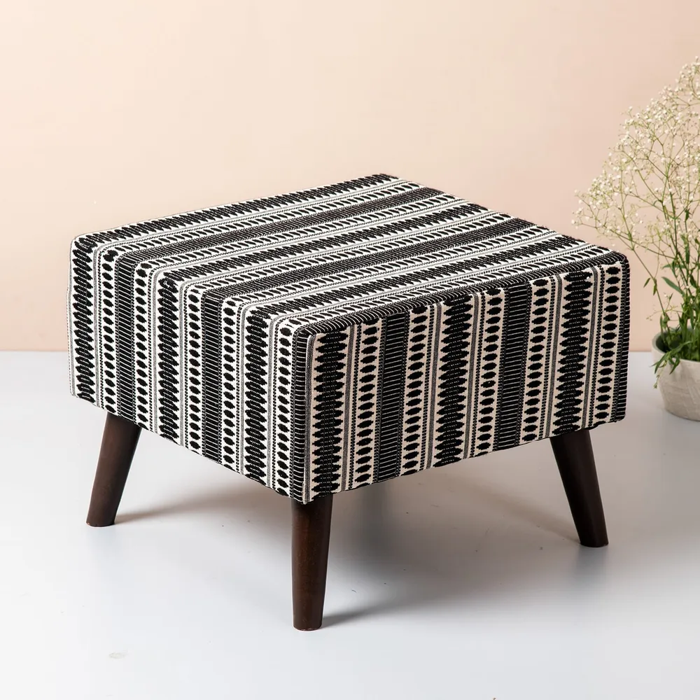 Black Patterned Woven Jacquard Cotton Upholstered Ottoman Wood Stool