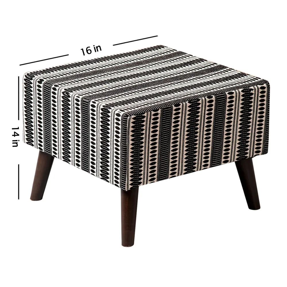 Black Patterned Woven Jacquard Cotton Upholstered Ottoman Wood Stool