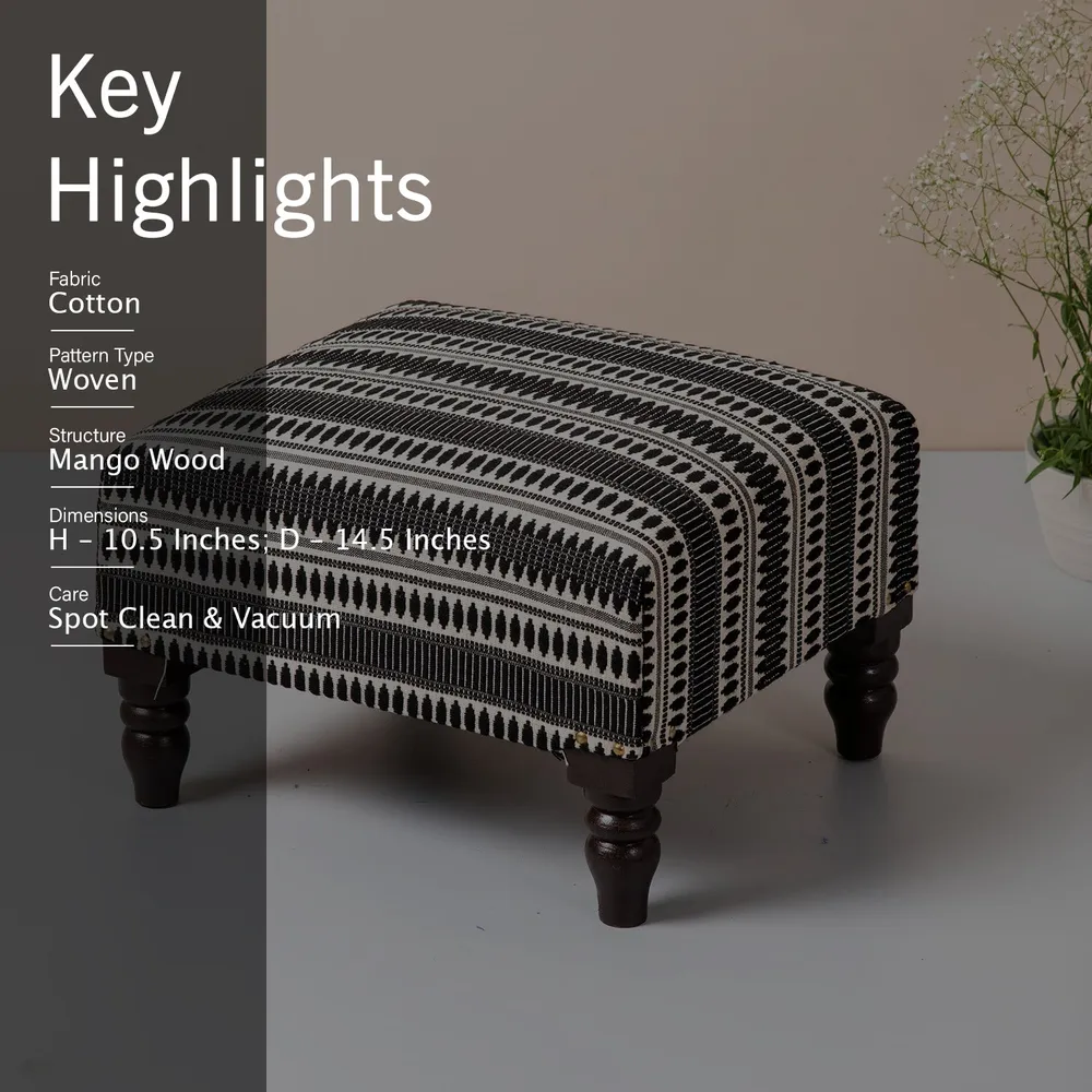 Black Patterned Woven Jacquard Cotton Upholstered Wood Stool Set Of 2