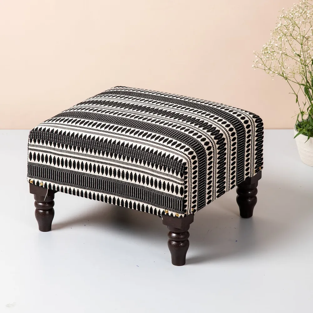 Black Patterned Woven Jacquard Cotton Upholstered Wood Stool Set Of 2