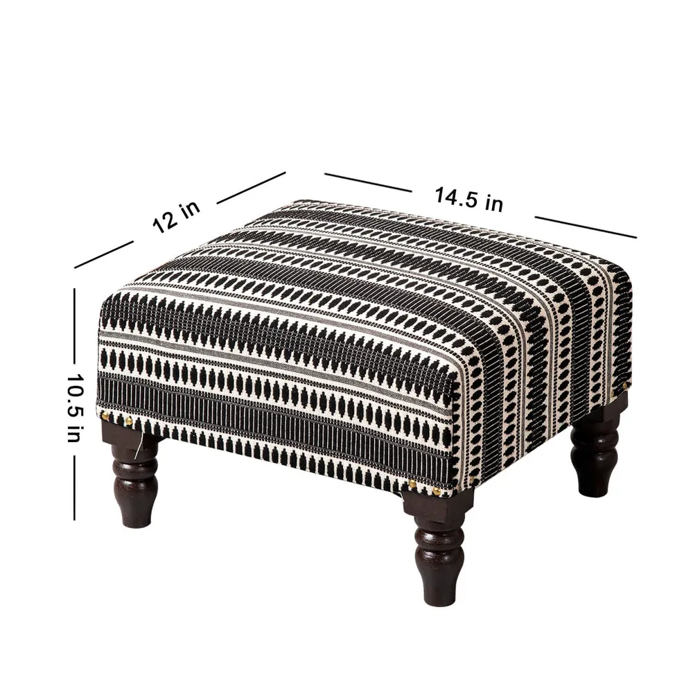 Black Patterned Woven Jacquard Cotton Upholstered Wood Stool Set Of 2