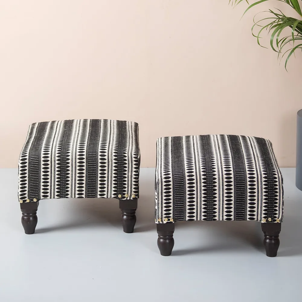 Black Patterned Woven Jacquard Cotton Upholstered Wood Stool Set Of 2