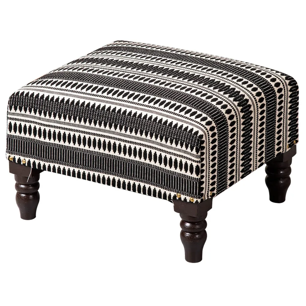 Black Patterned Woven Jacquard Cotton Upholstered Wood Stool Set Of 2
