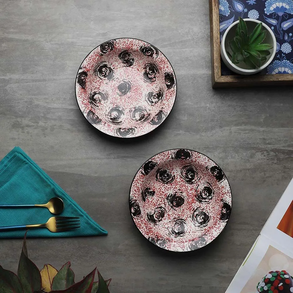Black & Pink Designer Ceramic Hand-Painted Pasta Plate Set Of 2