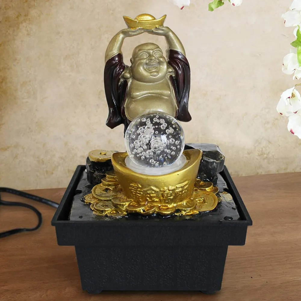 Black Polyresin Laughing Buddha Indoor Water Fountain With Light