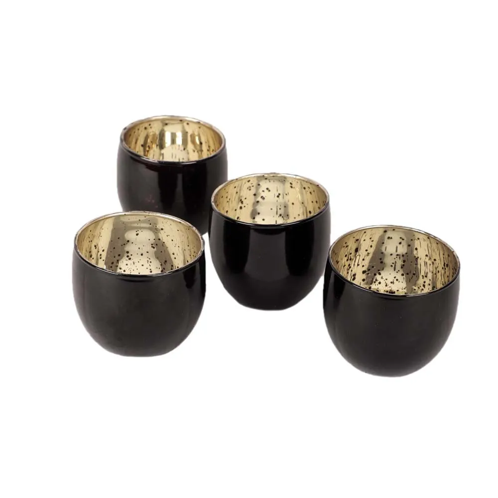 Black Pot Motif Glass Tea Light Candle Holders Set Of 4