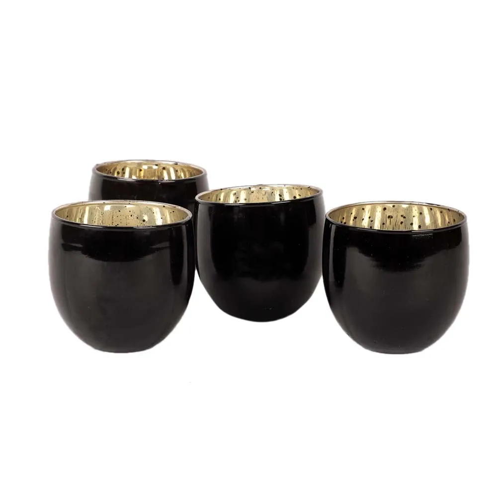 Black Pot Motif Glass Tea Light Candle Holders Set Of 4