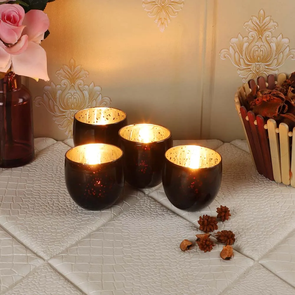 Black Pot Motif Glass Tea Light Candle Holders Set Of 4