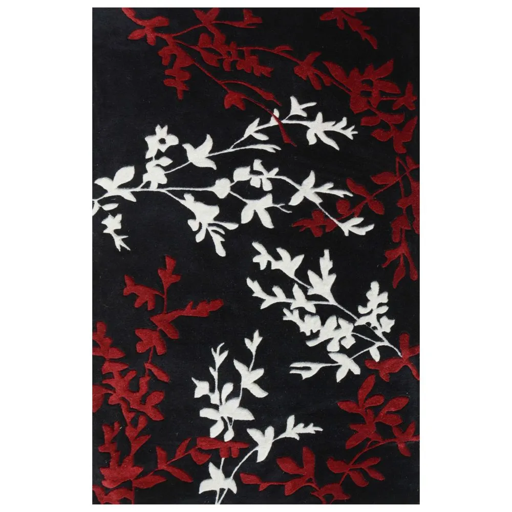 Black & Red Floral Patterned Tufted Area Carpet 2X5ft