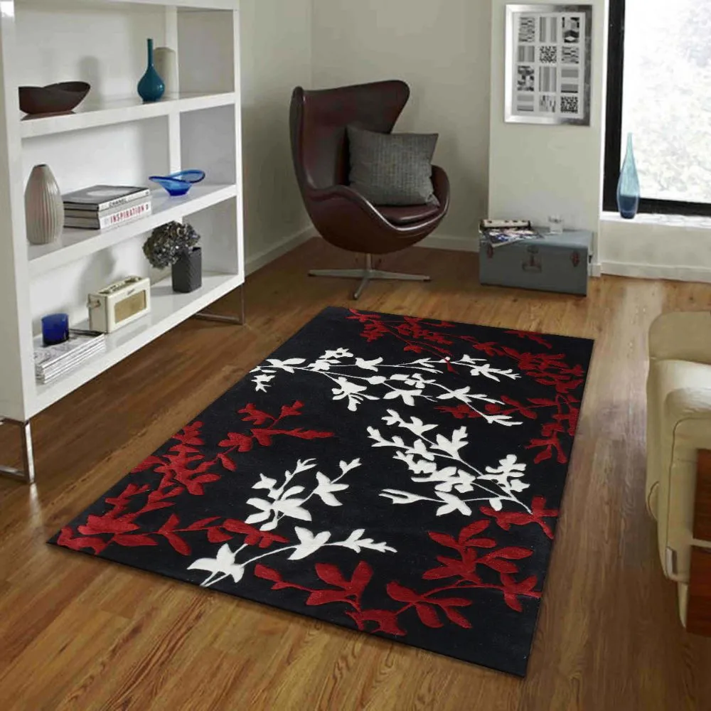 Black & Red Floral Patterned Tufted Area Carpet 2X5ft