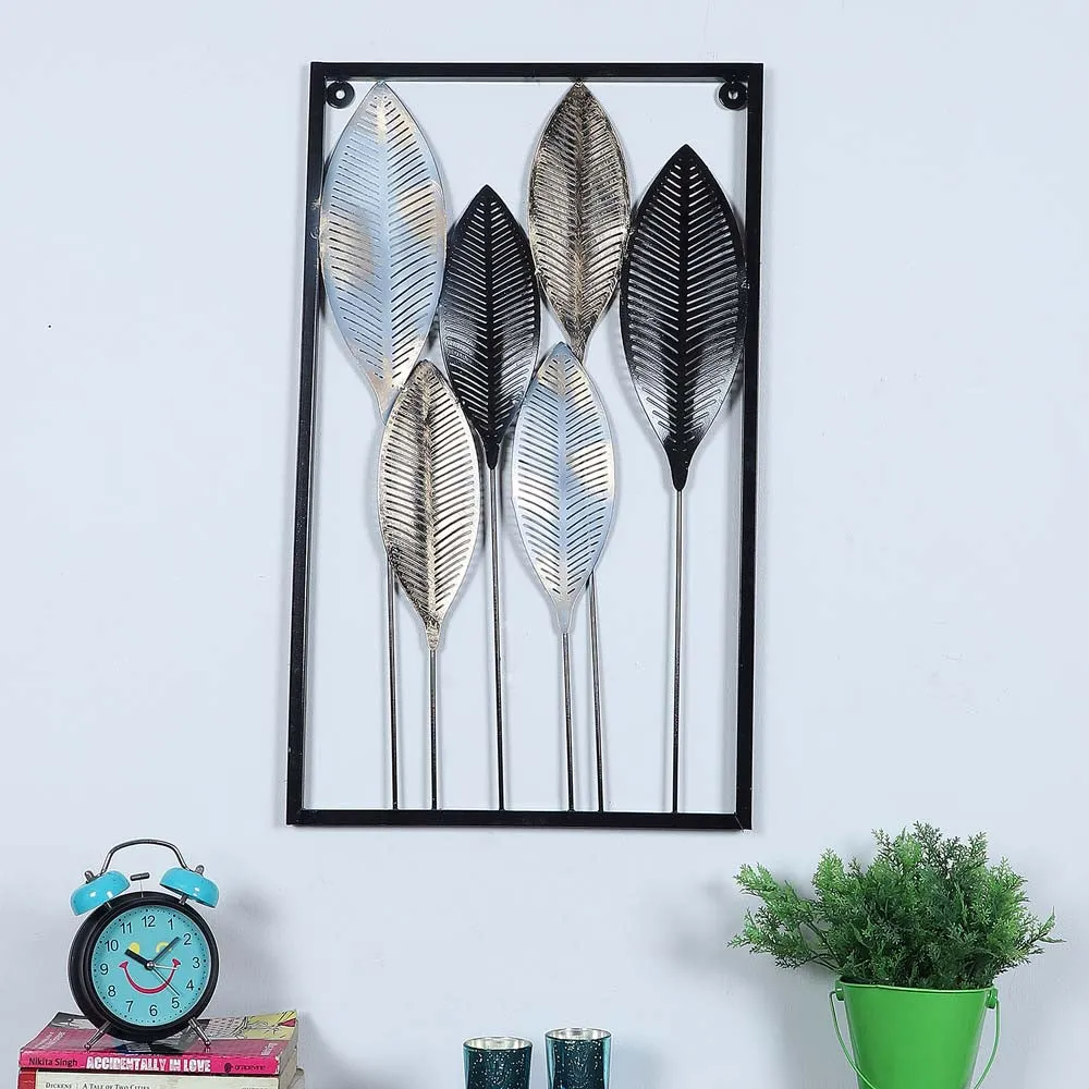 Black & Silver Long Leaves Modern Decorative Metal Wall Art