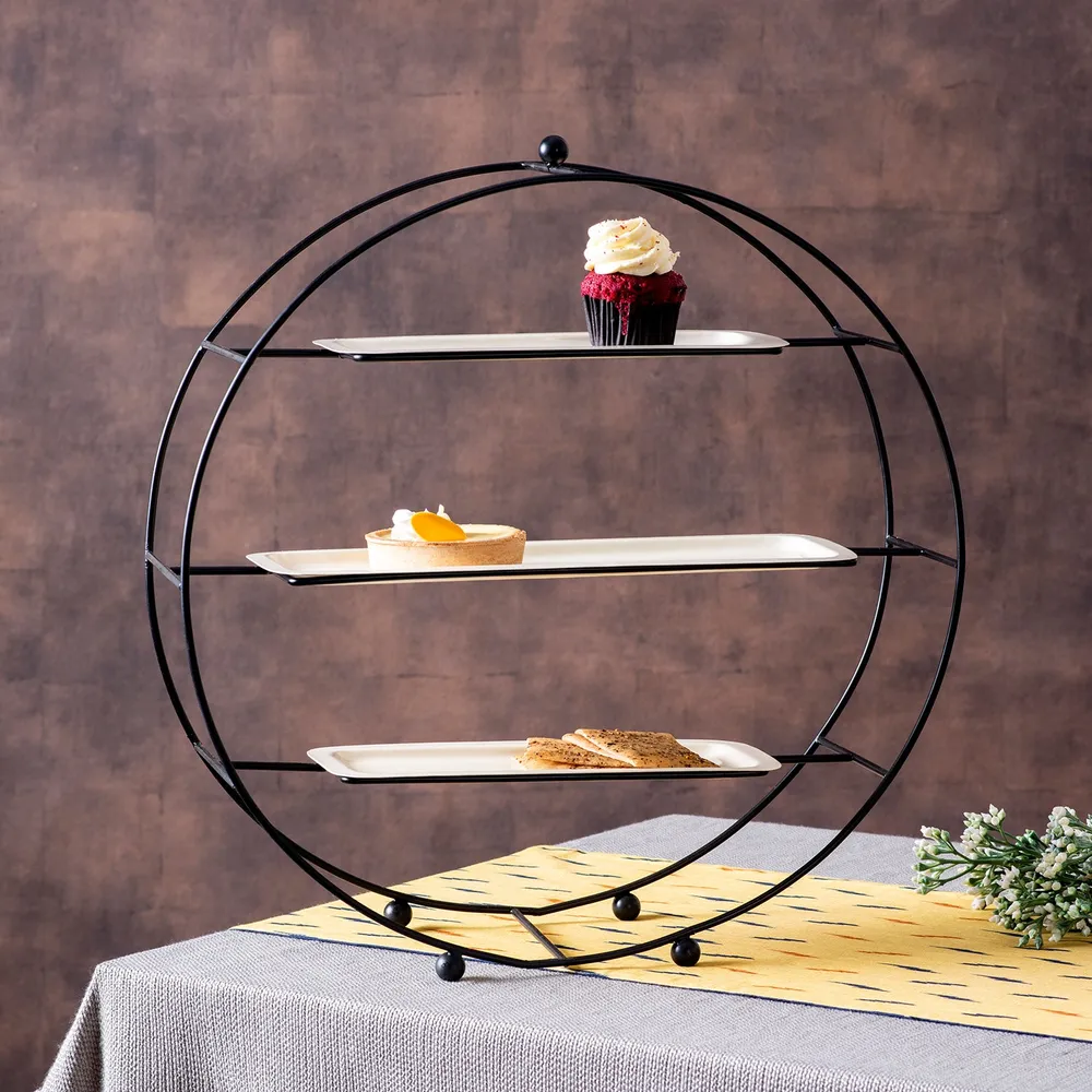 Black Stand With White Plates Metal 3 Tier Buffet Organizer