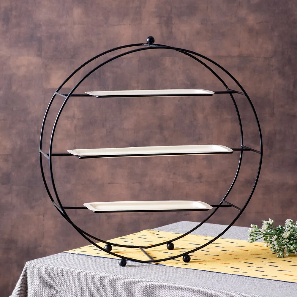 Black Stand With White Plates Metal 3 Tier Buffet Organizer