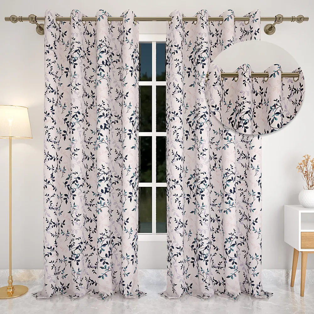 Black Tangled Leaves Pink Designer Curtain 5 ft