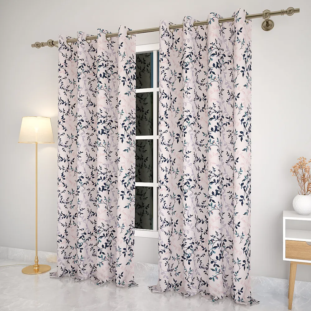Black Tangled Leaves Pink Designer Curtain 5 ft
