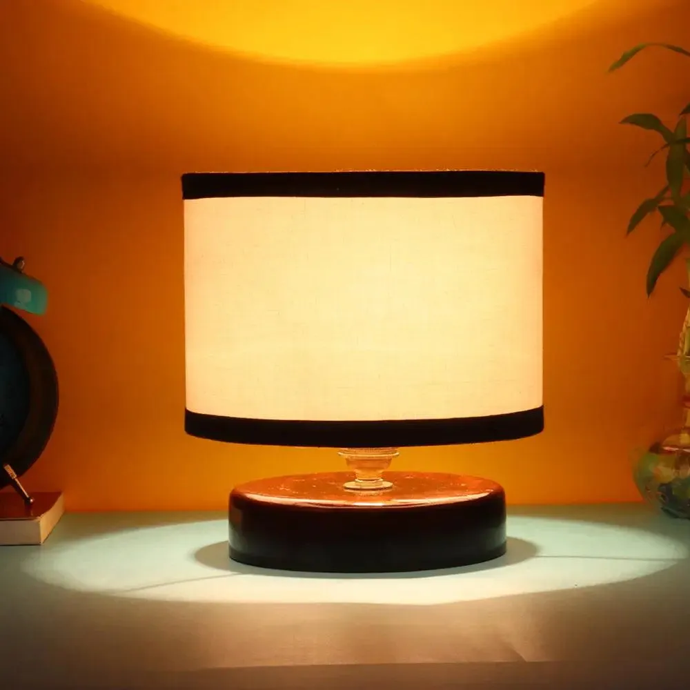 Black & White Cotton Table Lamp with Brown Wood Base