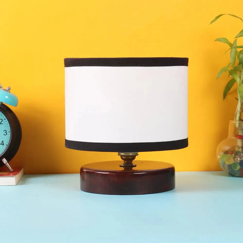 Black & White Cotton Table Lamp with Brown Wood Base
