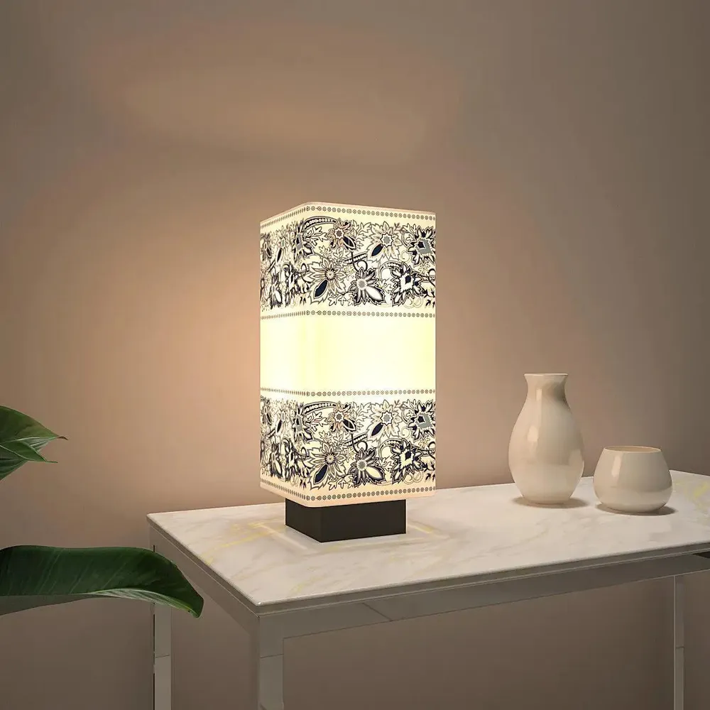 Black & White Floral Bordered Rectangle Table Lamp