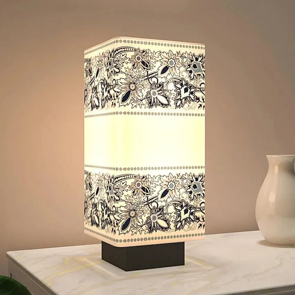 Black & White Floral Bordered Rectangle Table Lamp