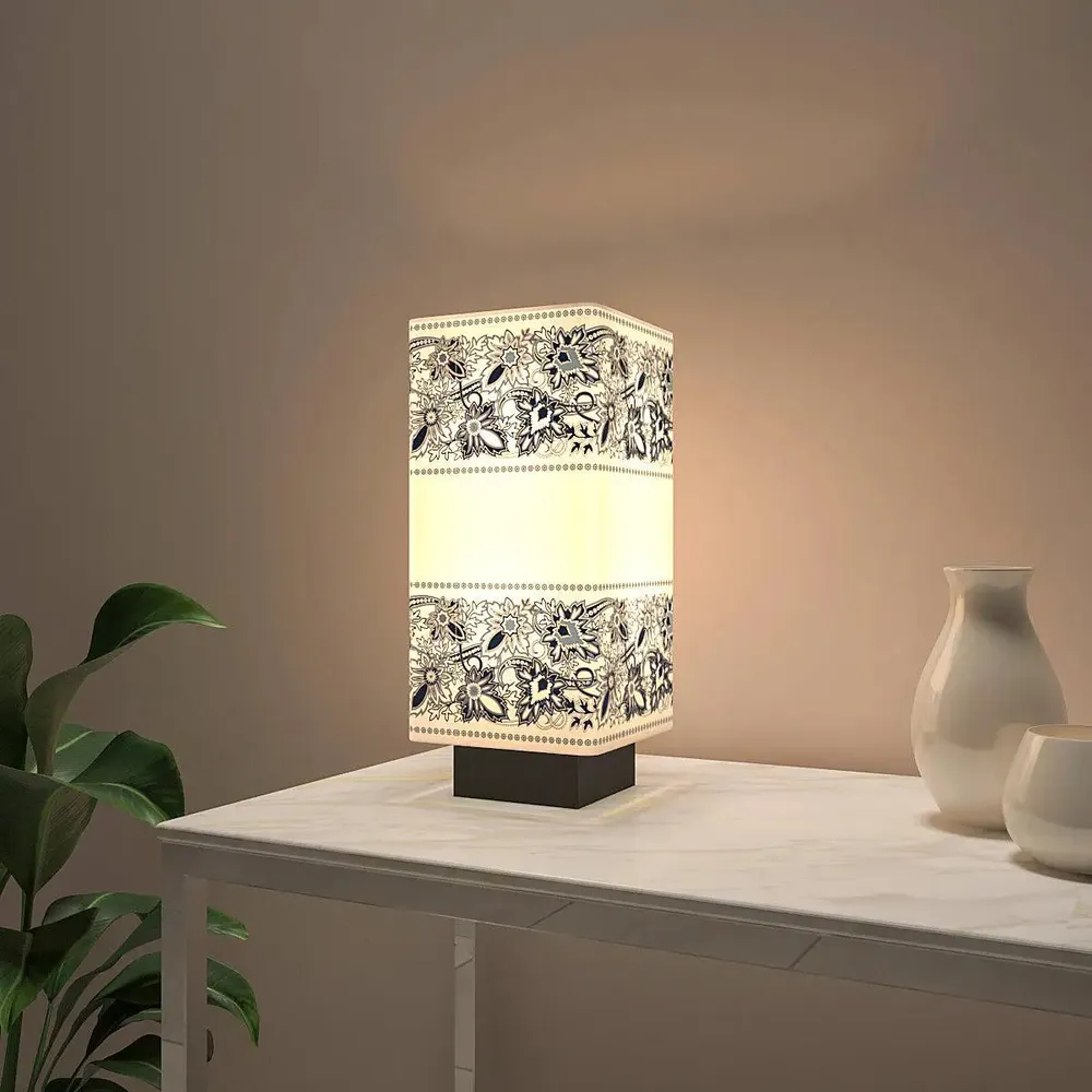 Black & White Floral Bordered Rectangle Table Lamp