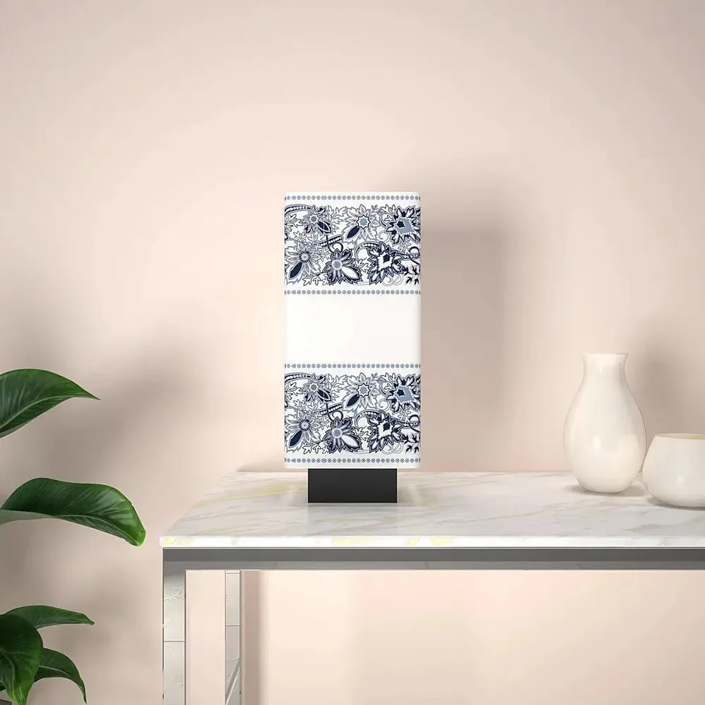 Black & White Floral Bordered Rectangle Table Lamp