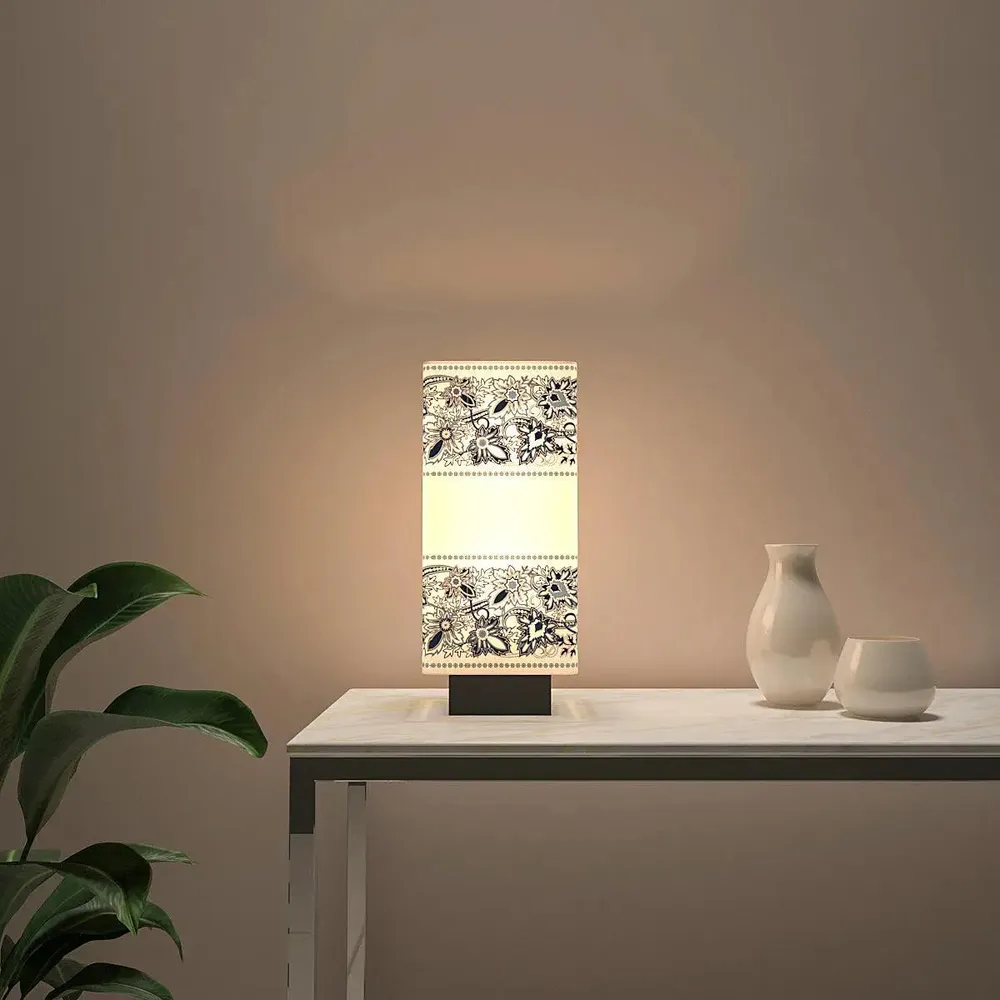 Black & White Floral Bordered Rectangle Table Lamp