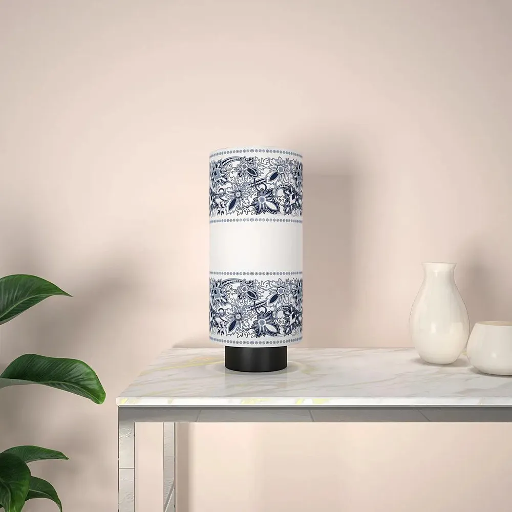 Black & White Floral Bordered Round Table Lamp