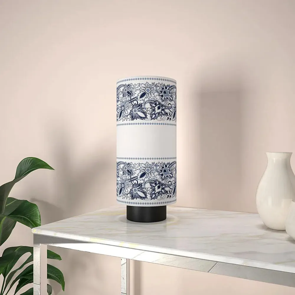 Black & White Floral Bordered Round Table Lamp
