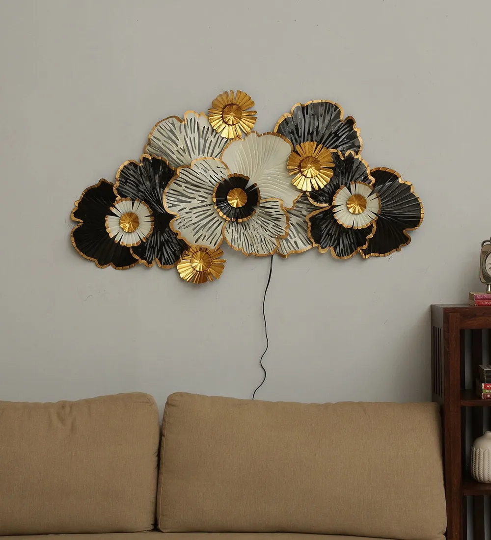 Black & White Gold Brushed Floral Metal Wall Decor