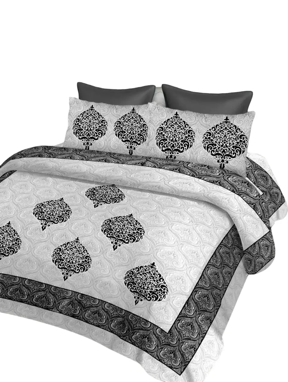 Black & White Leaf Printed 144 TC Cotton Double Bedsheet with Pillow Covers