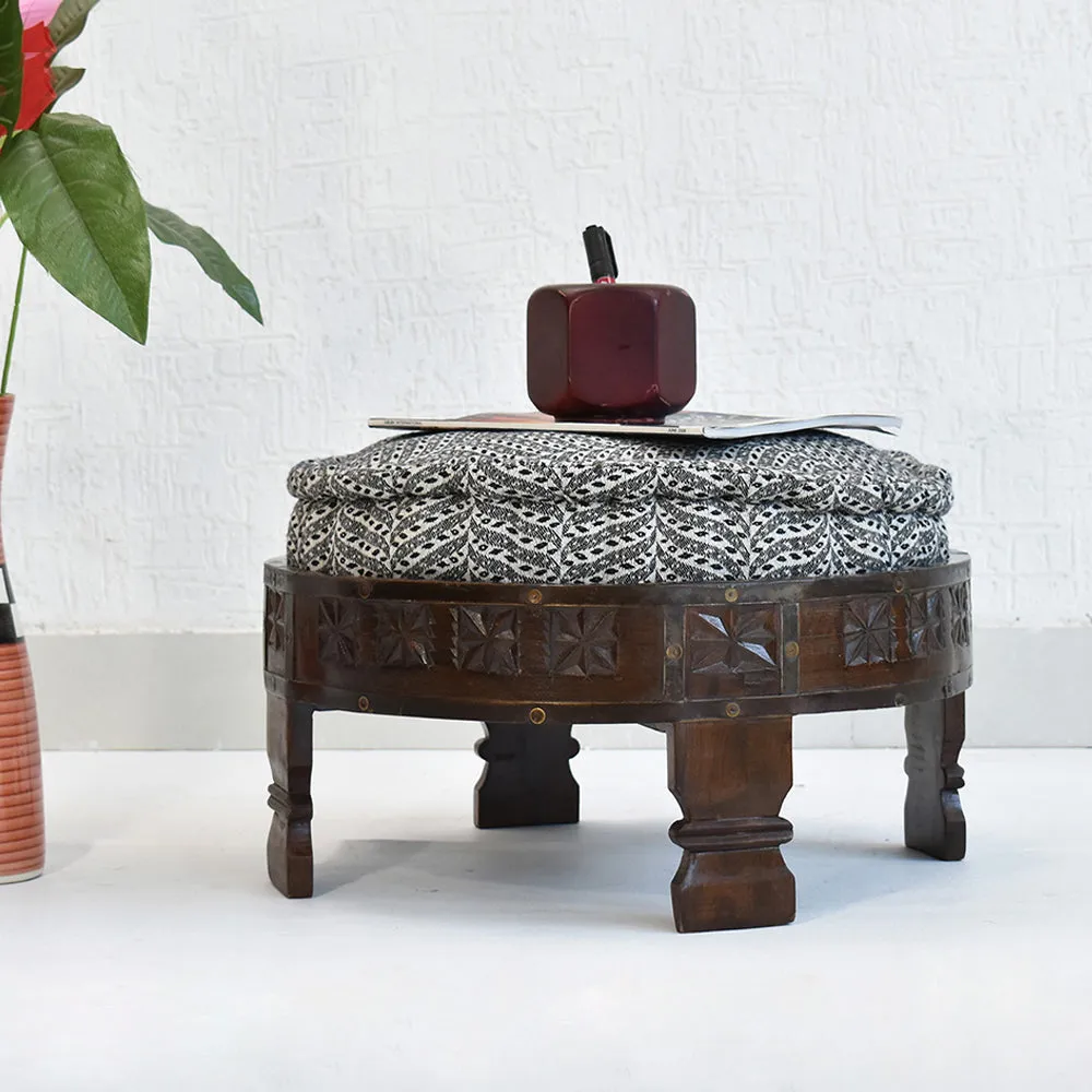 Black & White Patterned Upholstered Carved Wooden Ottoman