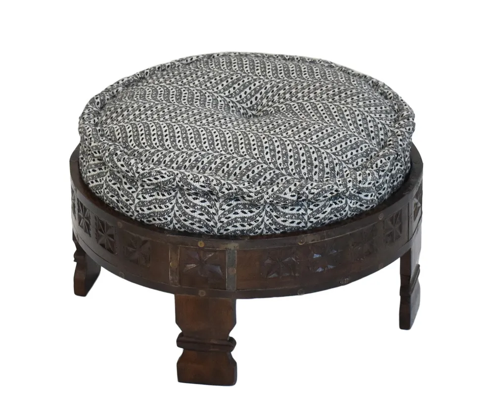 Black & White Patterned Upholstered Carved Wooden Ottoman