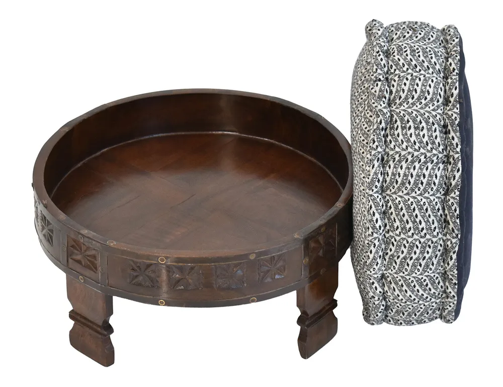 Black & White Patterned Upholstered Carved Wooden Ottoman