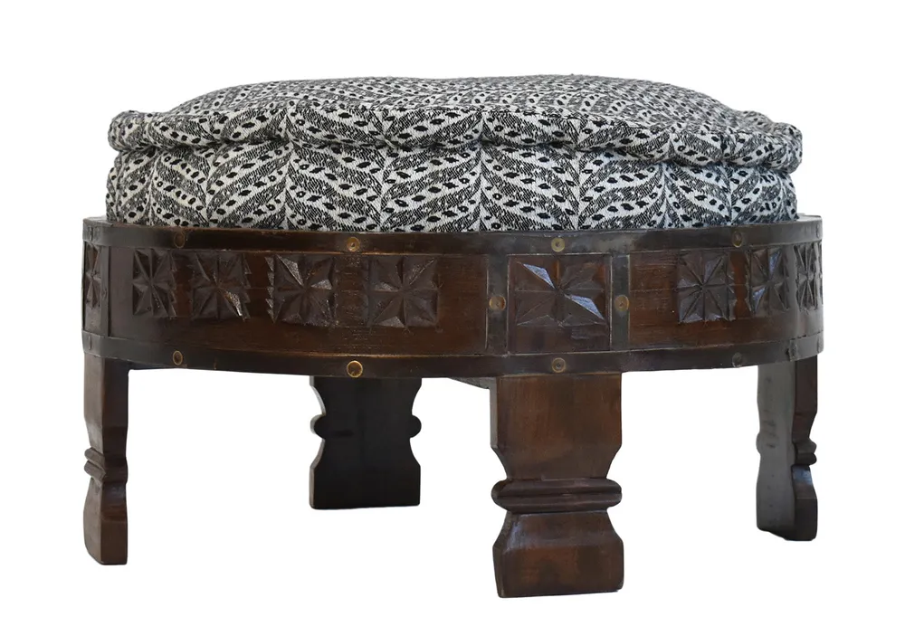 Black & White Patterned Upholstered Carved Wooden Ottoman