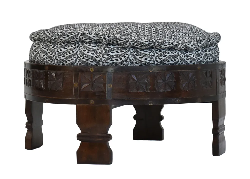 Black & White Patterned Upholstered Carved Wooden Ottoman
