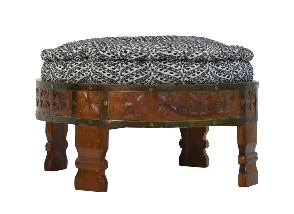 Black & White Patterned Upholstered Natural Brown Carved Wooden Ottoman