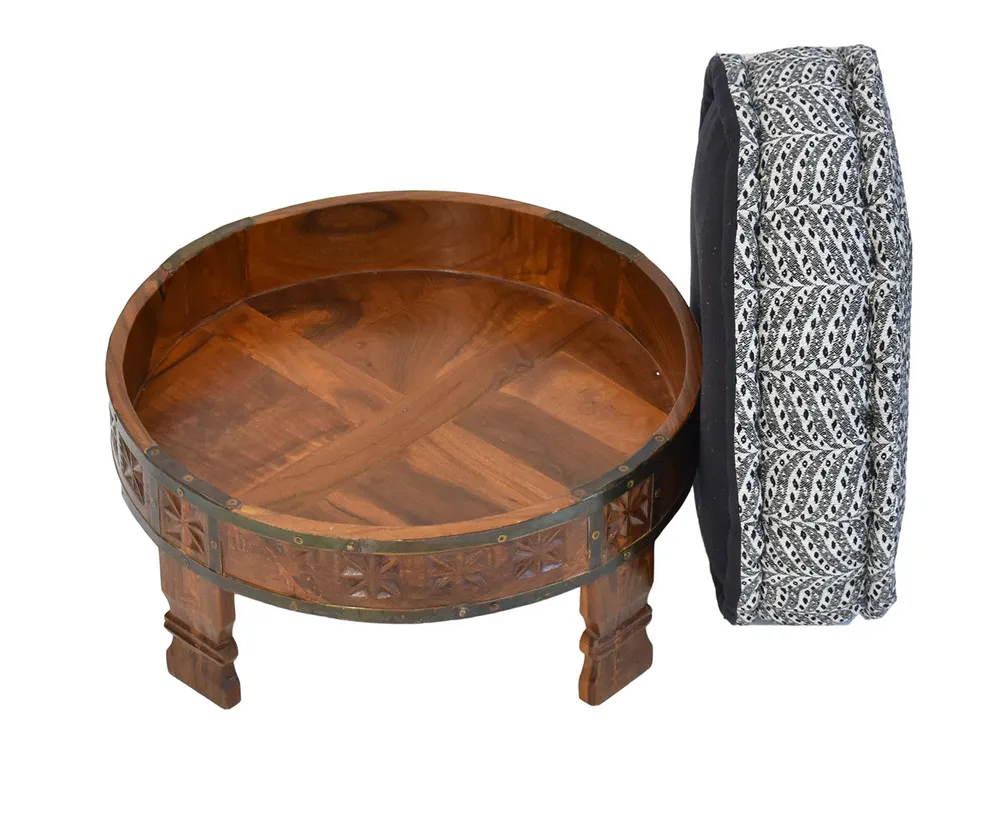 Black & White Patterned Upholstered Natural Brown Carved Wooden Ottoman