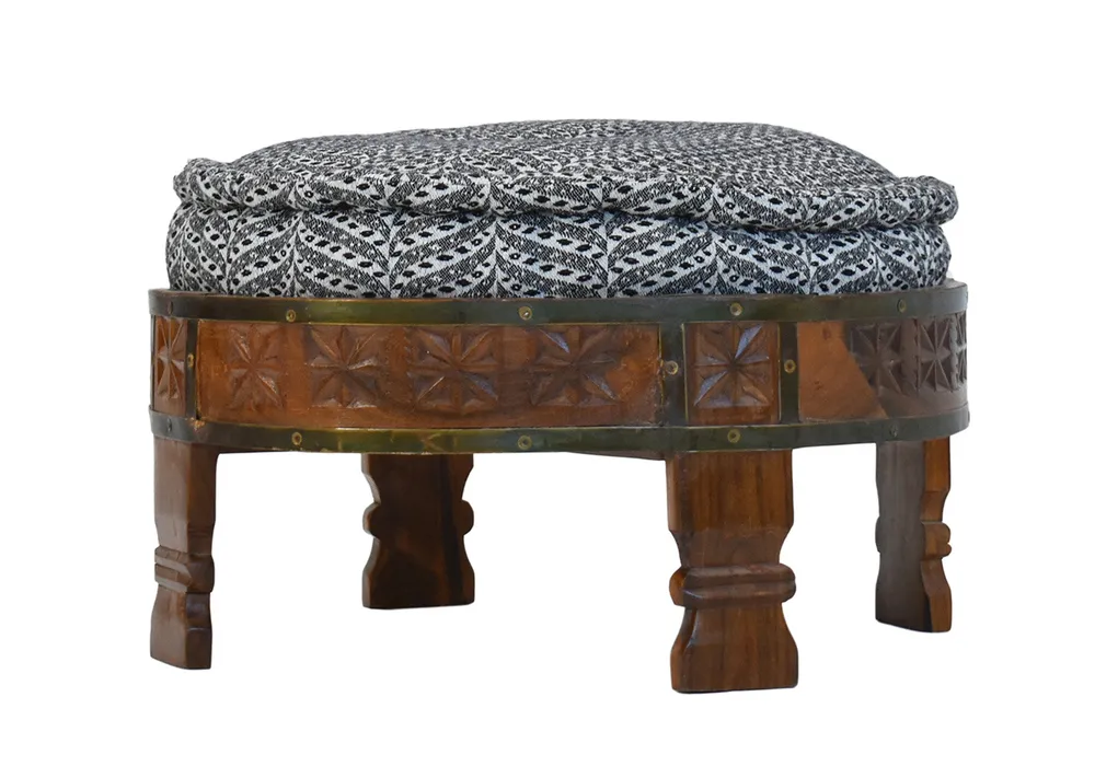 Black & White Patterned Upholstered Natural Brown Carved Wooden Ottoman