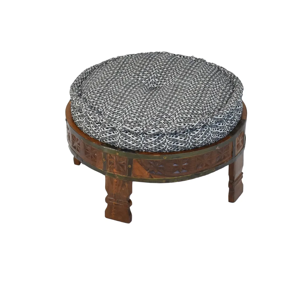 Black & White Patterned Upholstered Natural Brown Carved Wooden Ottoman