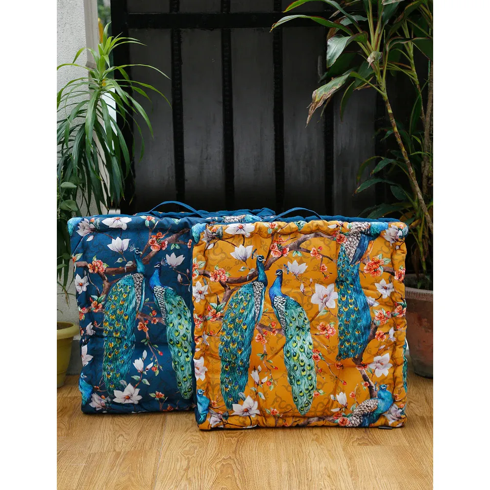 Blanc9 Comfy & Trendy Gulmohar Floor Cushion In Mustard & Blue