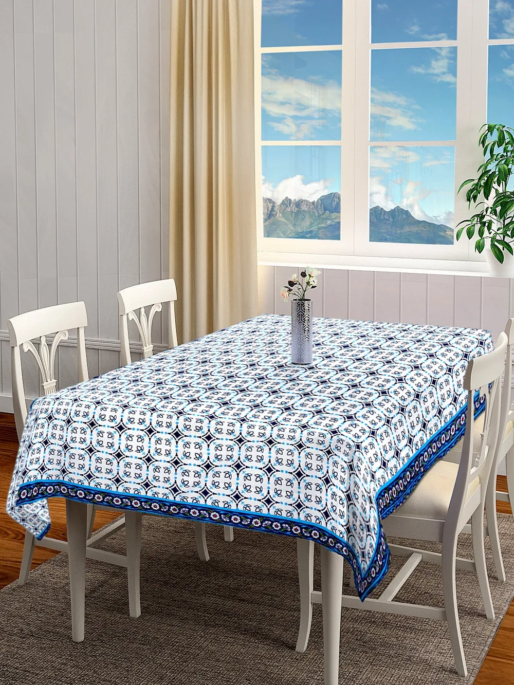 Blanc9 Elegant Blue Floral Designer Tablecloth