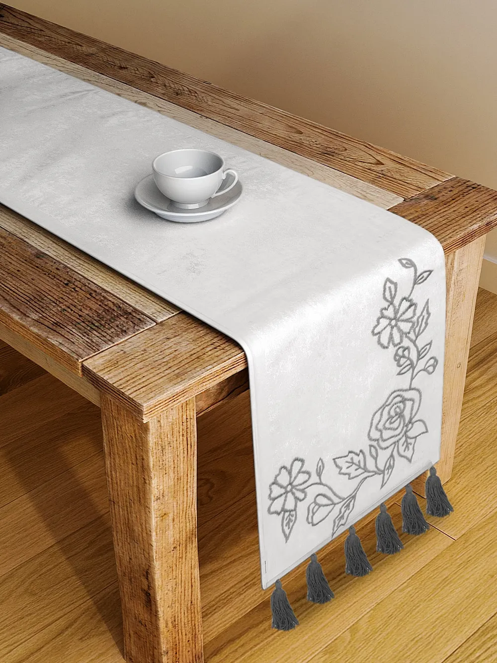 Blanc9 Elegant Designer Floral Grey Table Runner
