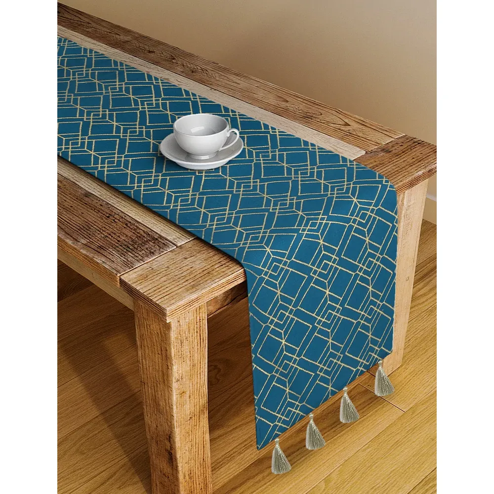 Blanc9 Elegant Designer Geometric Peacock Blue Table Runner